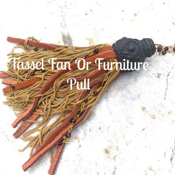 Tan & Orange leather Fan Pull or furniture Tassel Pull with ornate gray top VTG - Picture 2 of 13